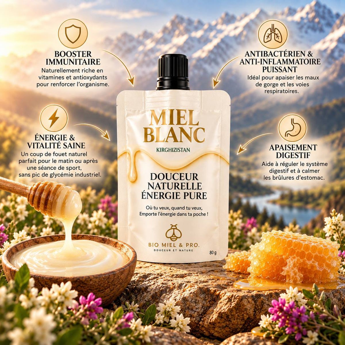 Miel blanc du Kirghizistan – Format nomade 80 g